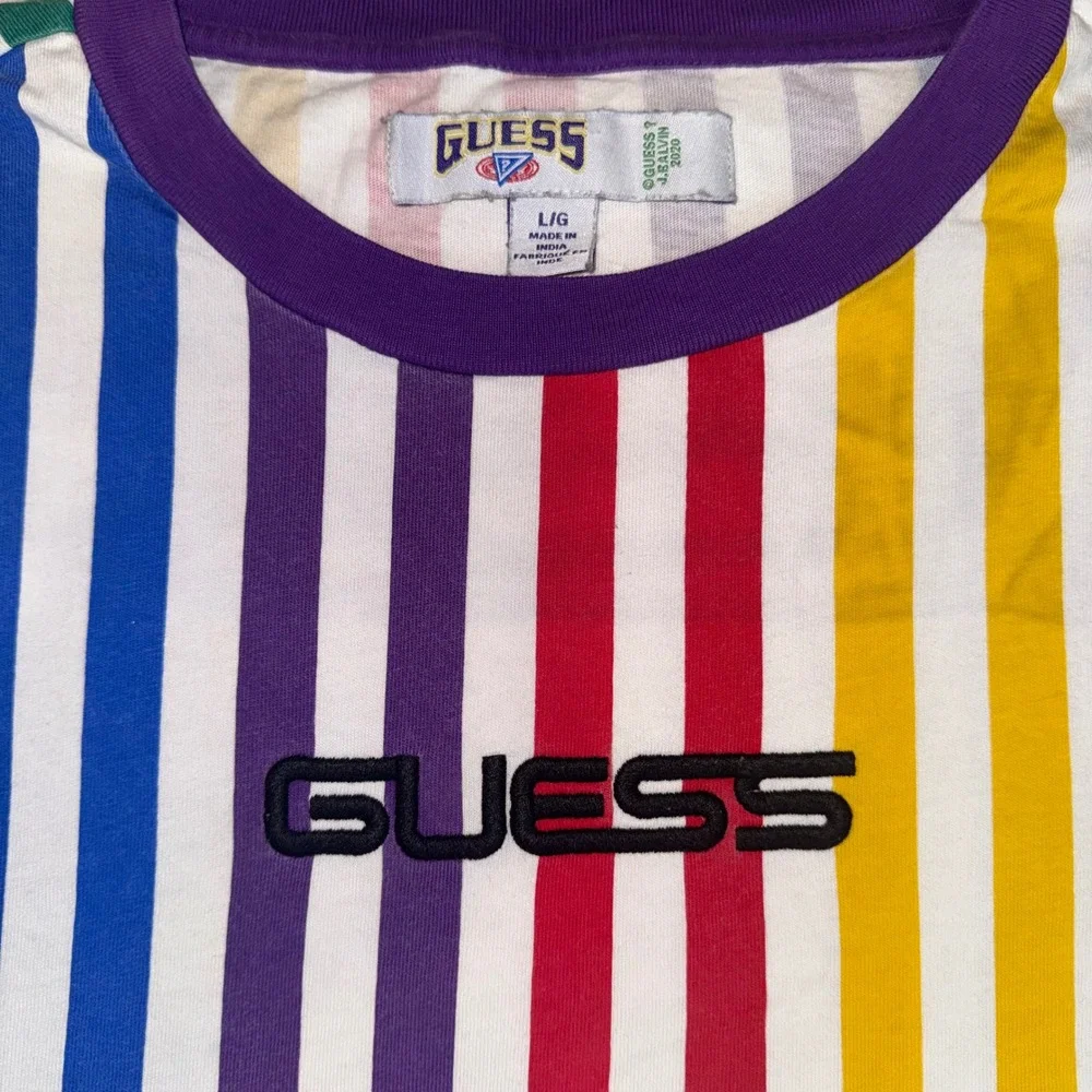 Guess x J Balvin Colores Striped T-Shirt Mens Large Multi Color Embroidered Logo - Picture 2 of 8